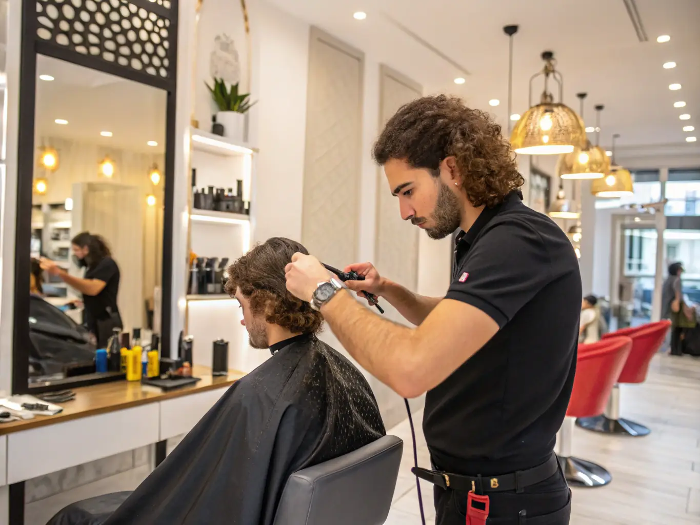 A stylist expertly cutting and styling a client's hair in a modern salon, highlighting the skill and artistry of Q Hair Solution's stylists.