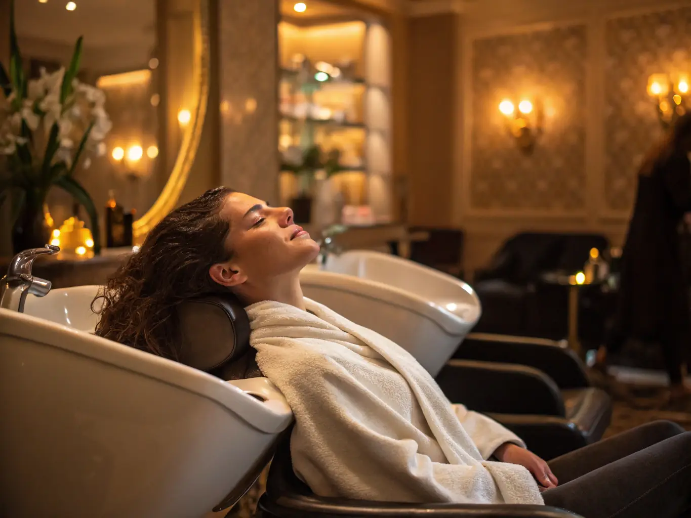 A serene salon environment where a client is receiving a hair restoration treatment, showcasing the professional and calming atmosphere of Q Hair Solution.