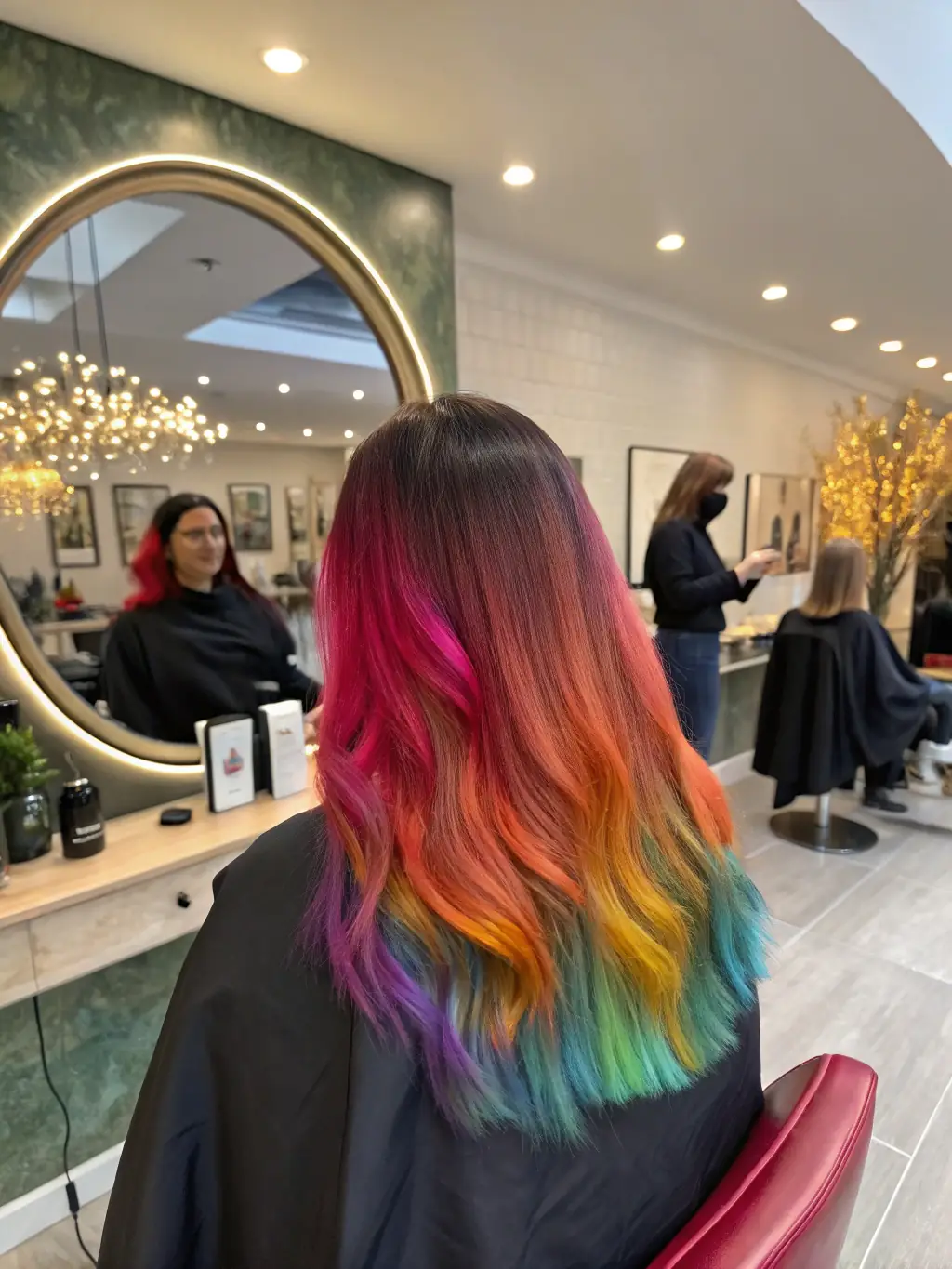 A client at Q Hair Solution with vibrant, freshly colored hair, showcasing the salon's expertise in hair coloring techniques.