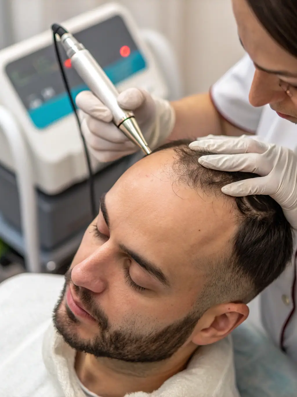 A close-up shot of a client receiving a hair restoration treatment at Q Hair Solution, showcasing the advanced equipment and attentive care provided by the technician.