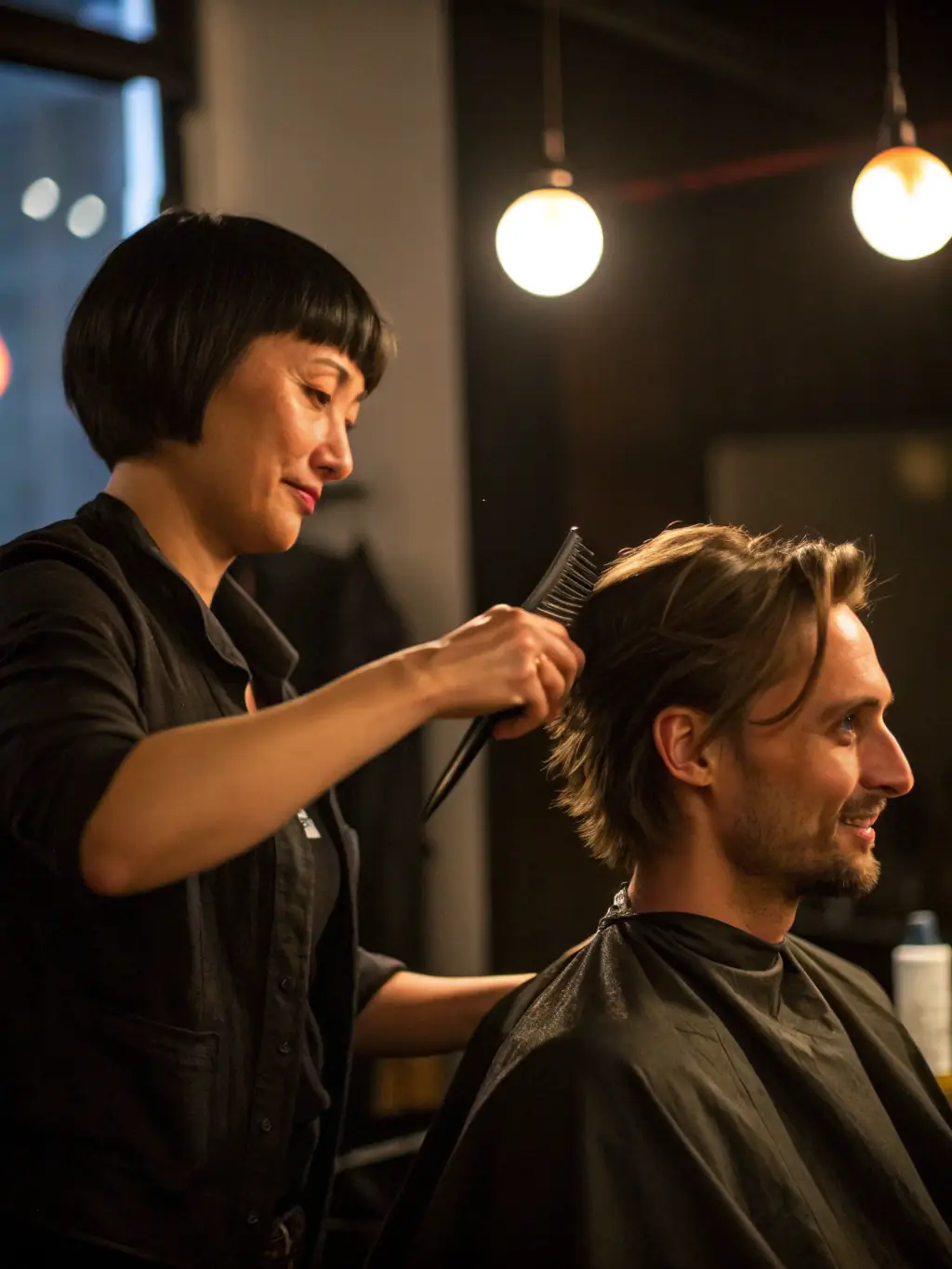 A stylist at Q Hair Solution expertly cutting and shaping a client's hair, demonstrating precision and attention to detail.