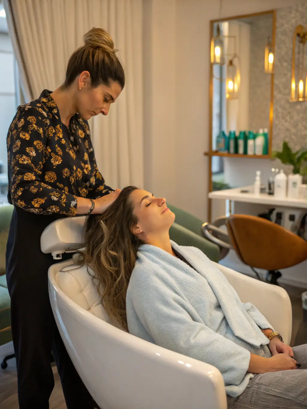 A client at Q Hair Solution enjoying a relaxing hair spa treatment, highlighting the salon's commitment to providing a pampering experience.